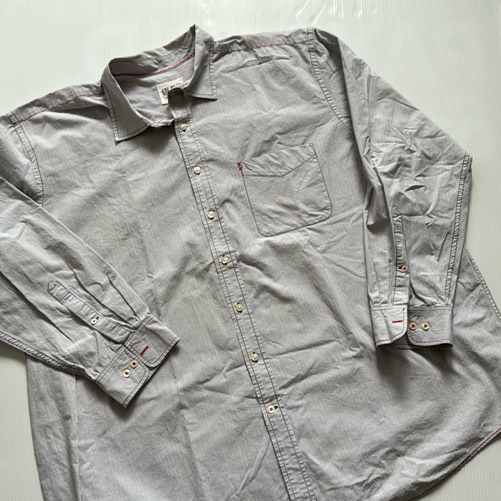 626 Blue: Gray & White Striped Men's long sleeve button down shirt.  Size 2XL